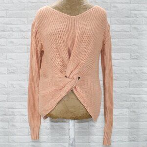 LU NYC Sweater Knit Wrap Front Twist Knot Pullover V-Neck Pastel Peach Large